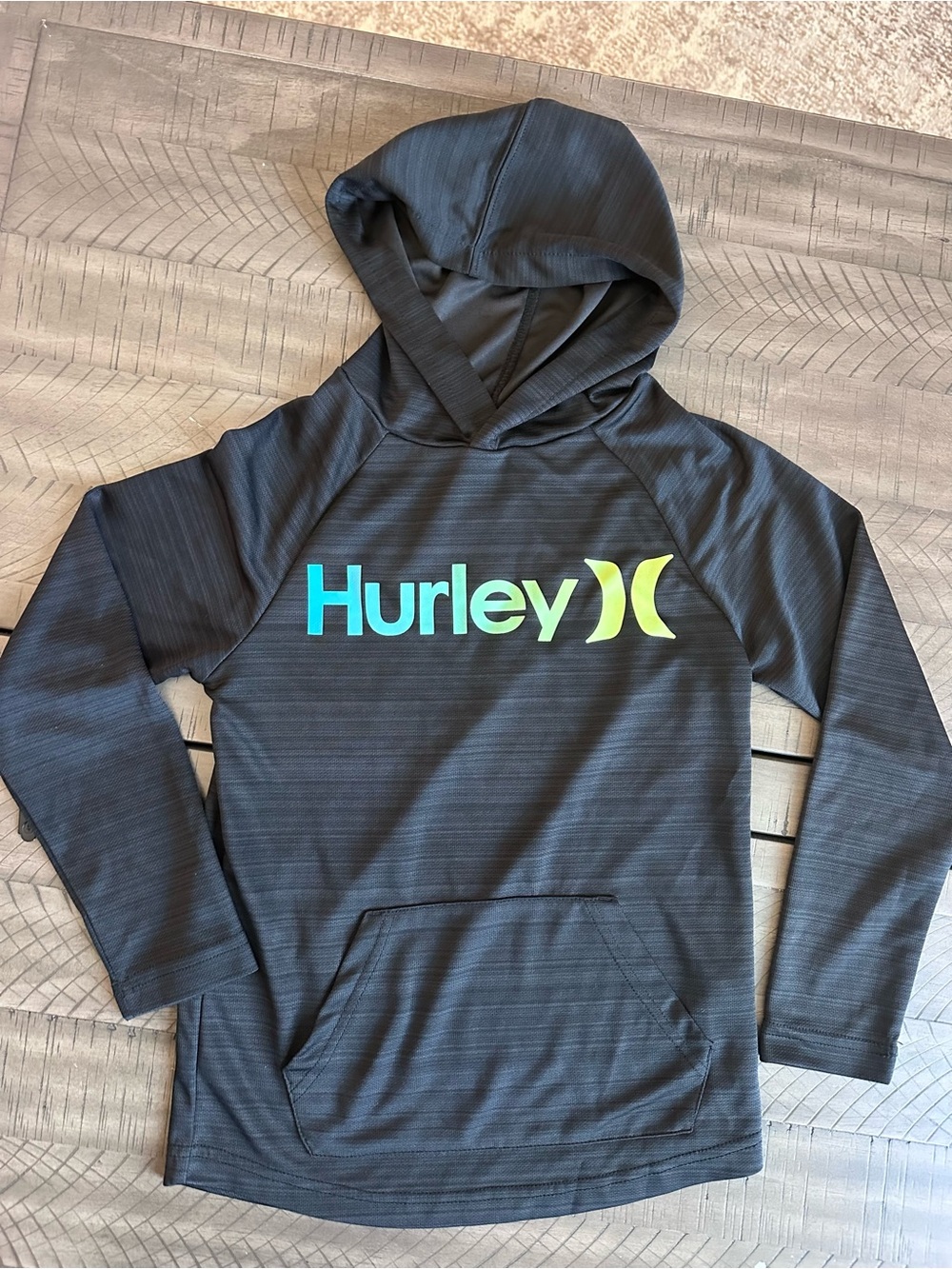Hurley Black Hooded Long Sleeve Tee with Teal and Lime Logo
